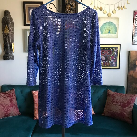 LYNN RITCHIE Silver size M Royal Blue Stretch Sheer Mesh Net Hi-Lo Top - Picture 3 of 4